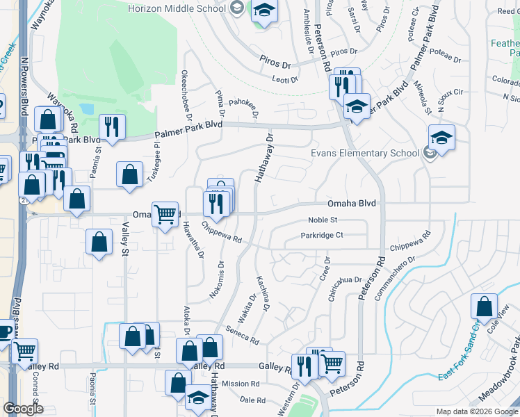 map of restaurants, bars, coffee shops, grocery stores, and more near 1505 Hathaway Drive in Colorado Springs