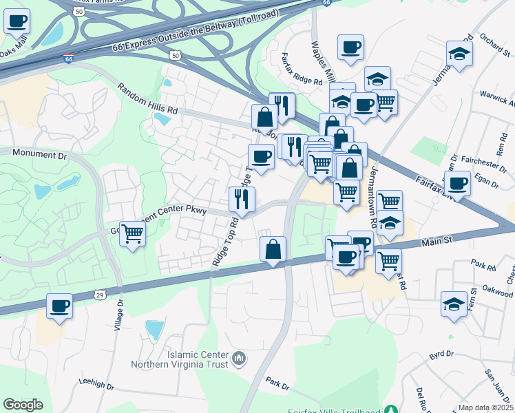 map of restaurants, bars, coffee shops, grocery stores, and more near 11357 Ridgeline Road in Fairfax
