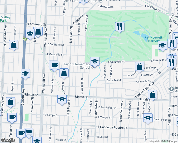 map of restaurants, bars, coffee shops, grocery stores, and more near 842 North Arcadia Street in Colorado Springs