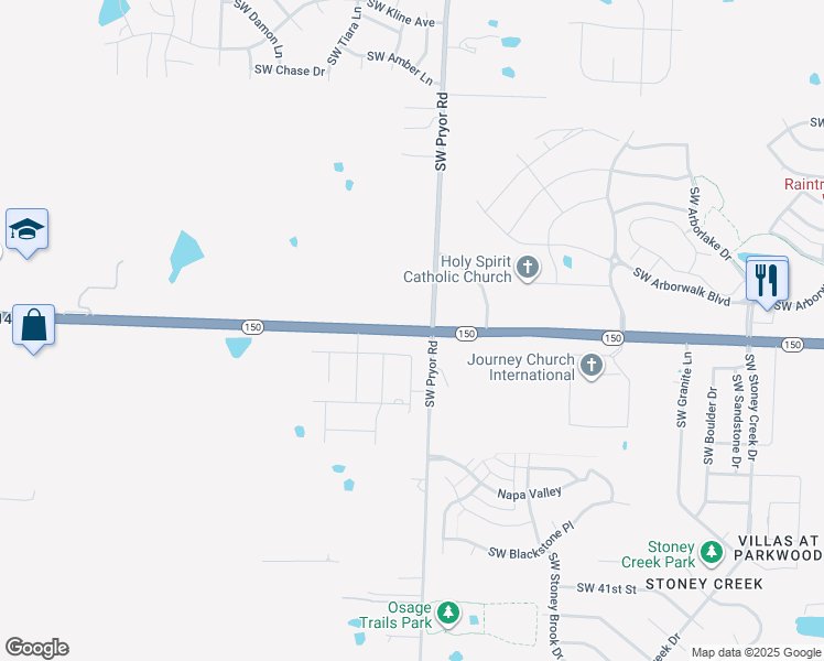 map of restaurants, bars, coffee shops, grocery stores, and more near 14601 Missouri 150 in Lee's Summit