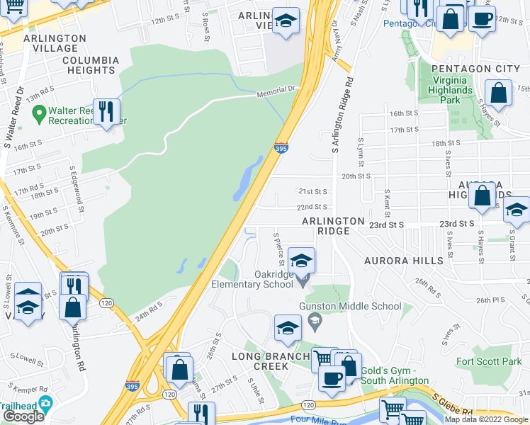 map of restaurants, bars, coffee shops, grocery stores, and more near 1612 22nd Street South in Arlington