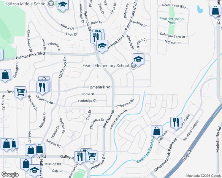 map of restaurants, bars, coffee shops, grocery stores, and more near 1540 Peterson Road in Colorado Springs