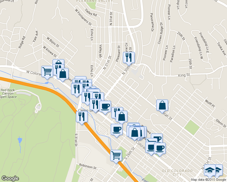 map of restaurants, bars, coffee shops, grocery stores, and more near 3011 West Platte Avenue in Colorado Springs