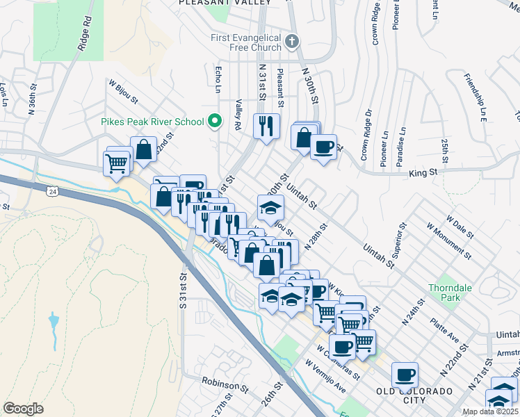 map of restaurants, bars, coffee shops, grocery stores, and more near 3011 West Platte Avenue in Colorado Springs