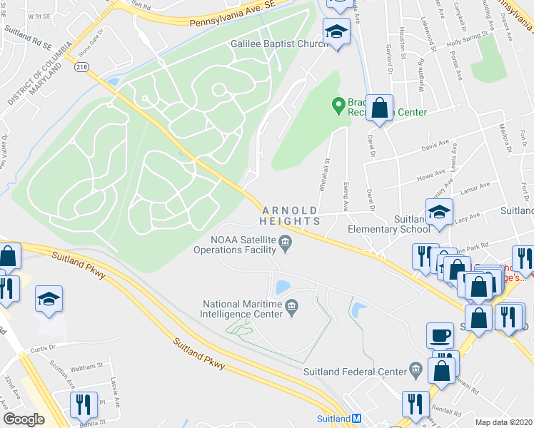 map of restaurants, bars, coffee shops, grocery stores, and more near Suitland Rd & Swann Rd in Suitland-Silver Hill