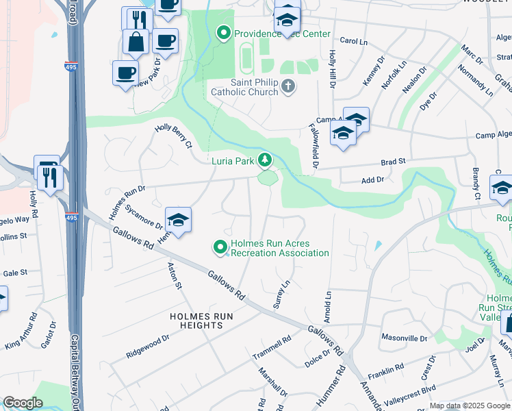 map of restaurants, bars, coffee shops, grocery stores, and more near 3323 Executive Avenue in Falls Church