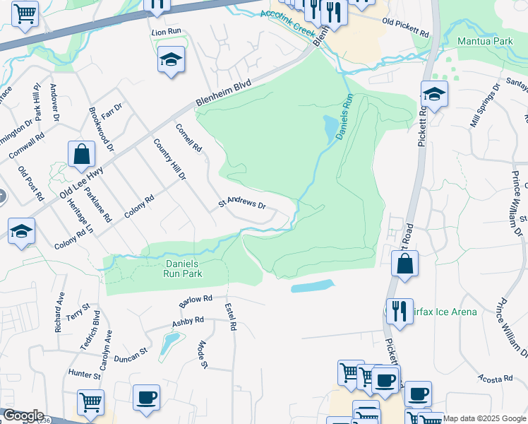 map of restaurants, bars, coffee shops, grocery stores, and more near 9711 Saint Andrews Drive in Fairfax