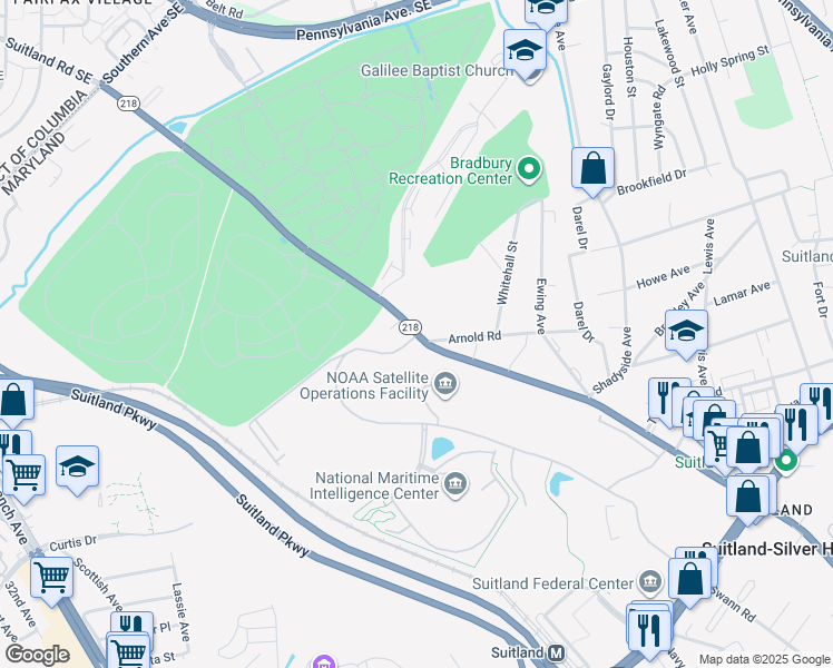 map of restaurants, bars, coffee shops, grocery stores, and more near 4231 Suitland Road in Camp Springs