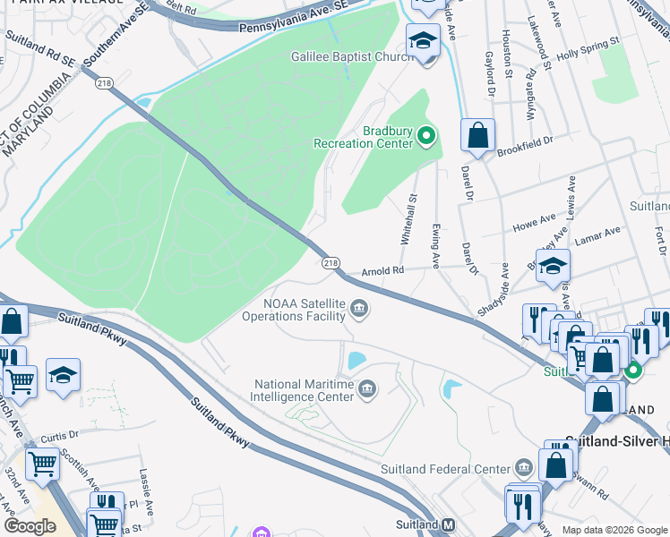 map of restaurants, bars, coffee shops, grocery stores, and more near 4231 Suitland Road in Camp Springs