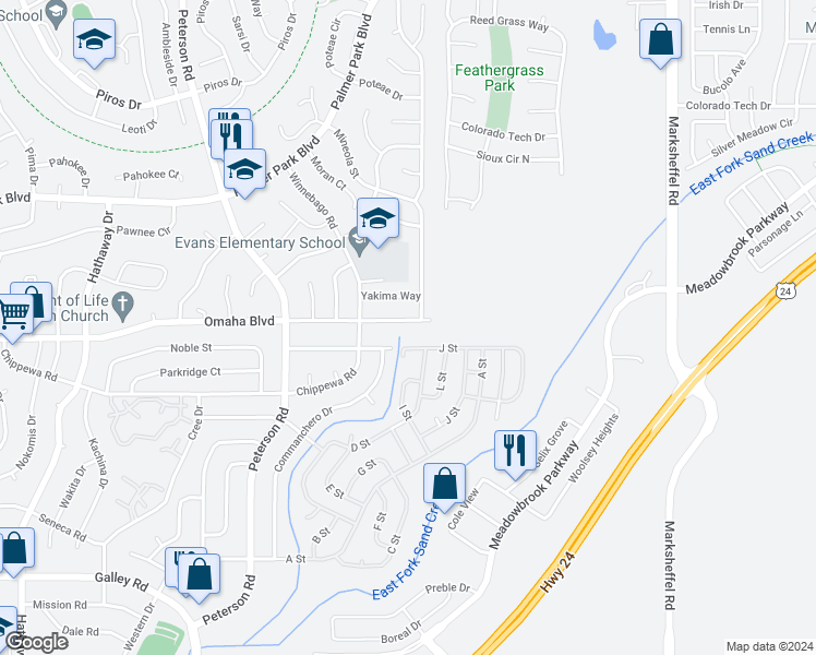 map of restaurants, bars, coffee shops, grocery stores, and more near 7245 Omaha Boulevard in Colorado Springs