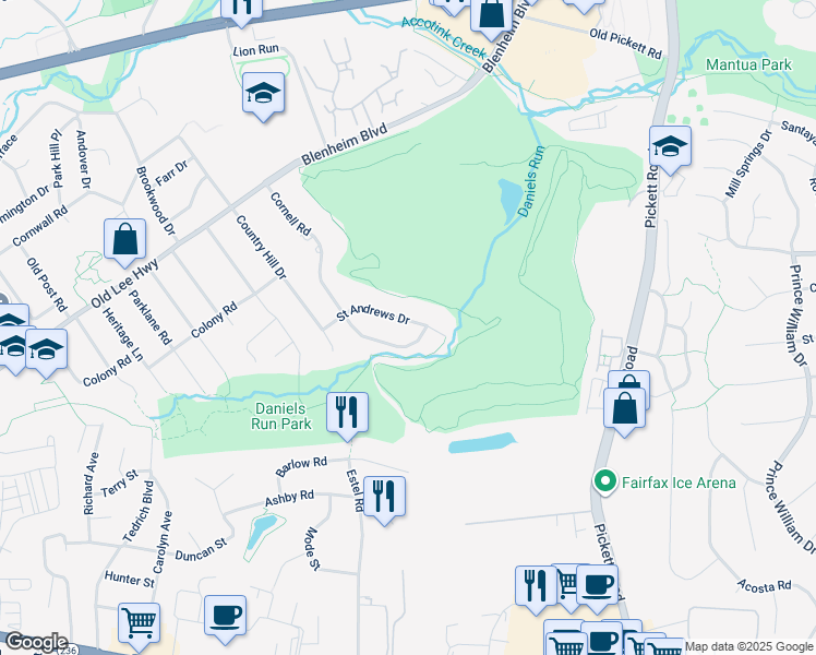 map of restaurants, bars, coffee shops, grocery stores, and more near 9711 Saint Andrews Drive in Fairfax