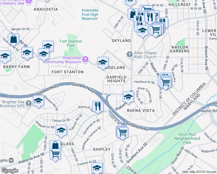 map of restaurants, bars, coffee shops, grocery stores, and more near 2221 Hartford Street Southeast in Washington