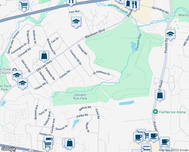 map of restaurants, bars, coffee shops, grocery stores, and more near 9733 Saint Andrews Drive in Fairfax