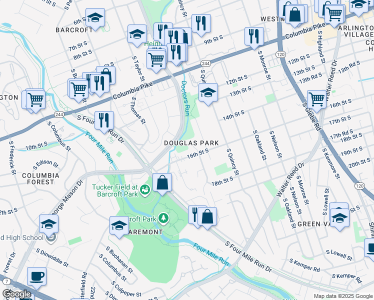 map of restaurants, bars, coffee shops, grocery stores, and more near 4207 16th Street South in Arlington
