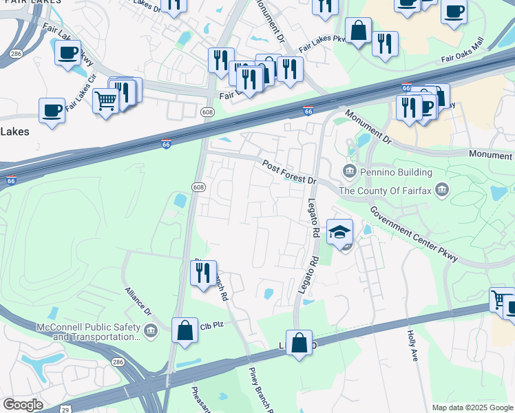 map of restaurants, bars, coffee shops, grocery stores, and more near 4512 Billingham Street in Fairfax