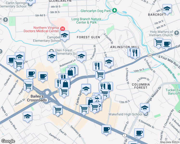 map of restaurants, bars, coffee shops, grocery stores, and more near 5565 Columbia Pike in Arlington
