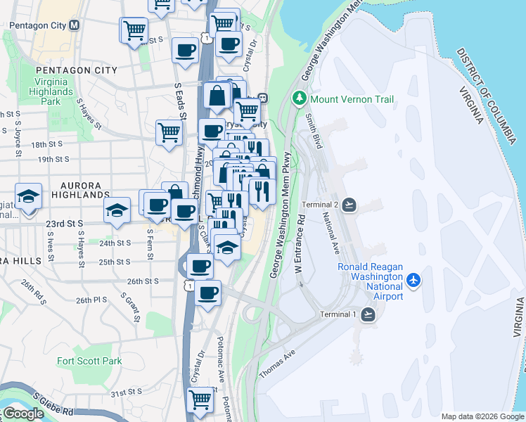 map of restaurants, bars, coffee shops, grocery stores, and more near 320 23rd Street South in Arlington