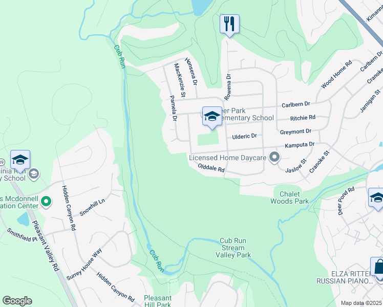 map of restaurants, bars, coffee shops, grocery stores, and more near 19340 Kamputa Drive in Centreville
