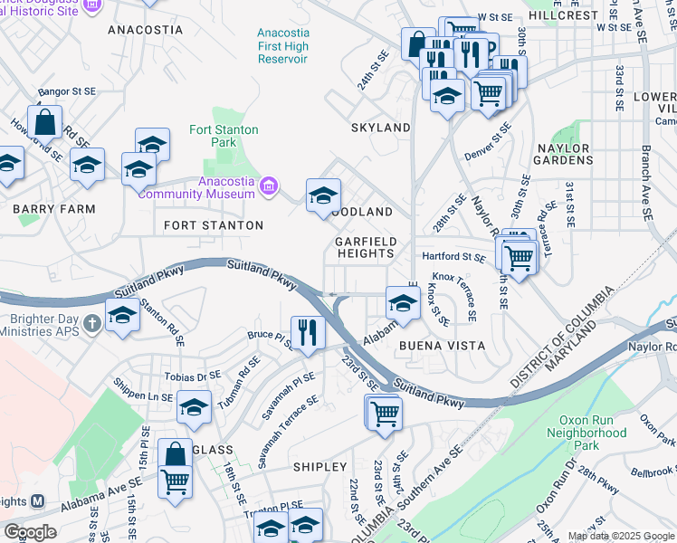 map of restaurants, bars, coffee shops, grocery stores, and more near 2217 Hartford Street Southeast in Washington