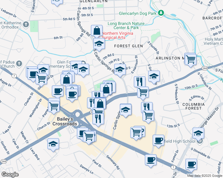 map of restaurants, bars, coffee shops, grocery stores, and more near 3407 Carlyn Hill Drive in Falls Church