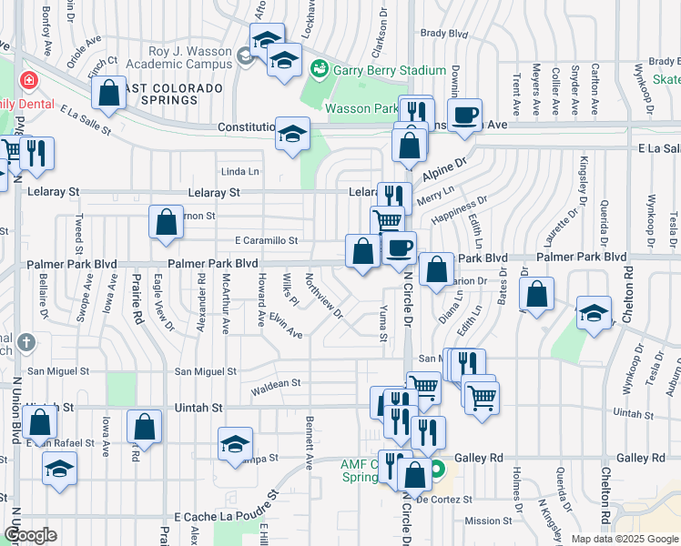 map of restaurants, bars, coffee shops, grocery stores, and more near 2602 Palmer Park Boulevard in Colorado Springs