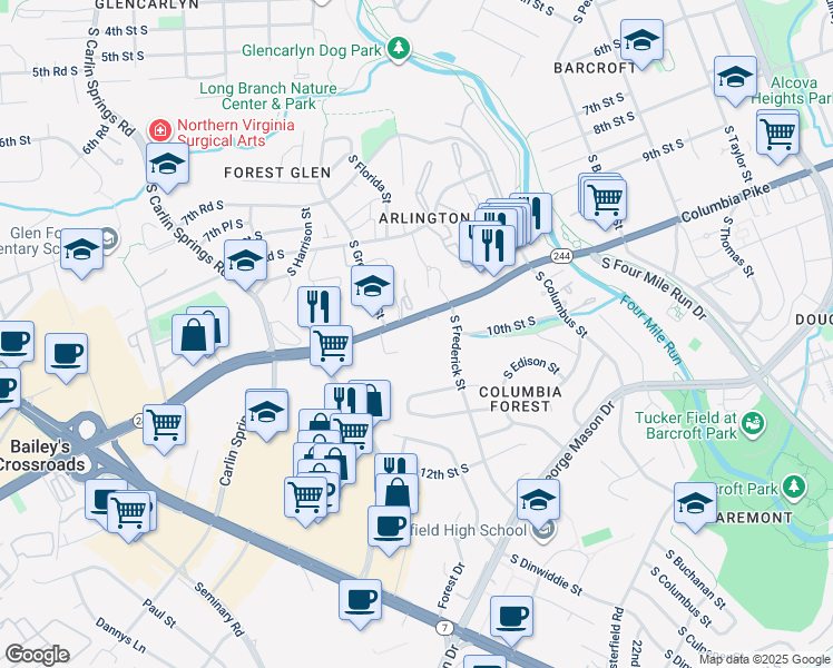 map of restaurants, bars, coffee shops, grocery stores, and more near 5300 Columbia Pike in Arlington