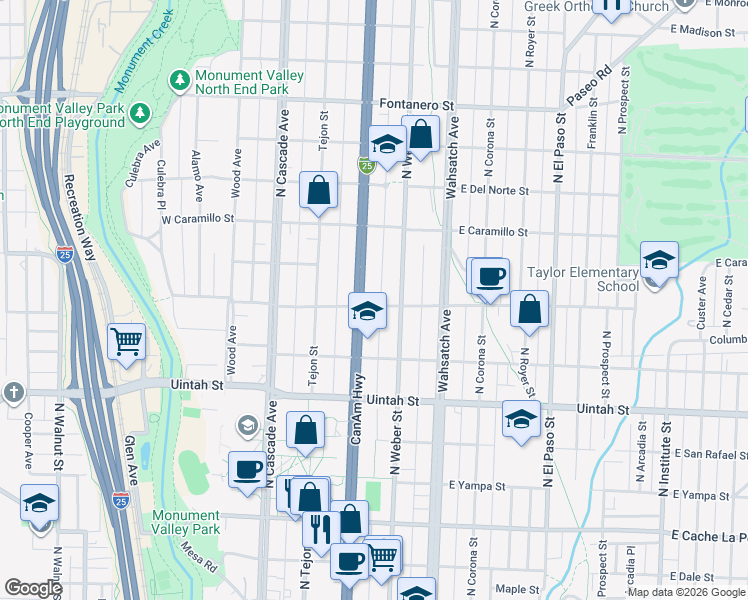 map of restaurants, bars, coffee shops, grocery stores, and more near 1423 North Nevada Avenue in Colorado Springs