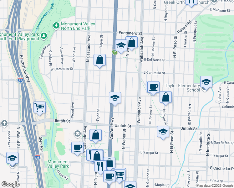 map of restaurants, bars, coffee shops, grocery stores, and more near 1423 North Nevada Avenue in Colorado Springs
