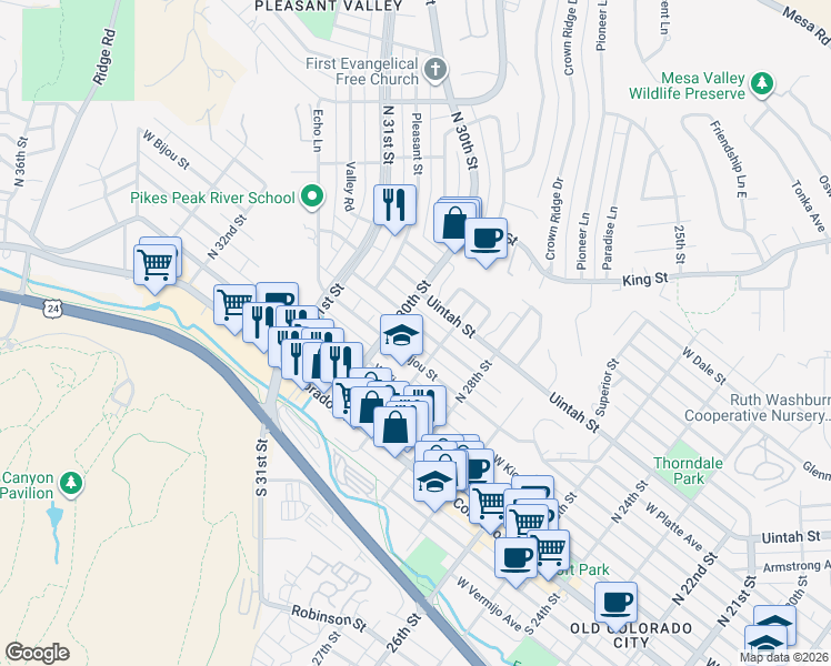 map of restaurants, bars, coffee shops, grocery stores, and more near 2923 West Uintah Street in Colorado Springs