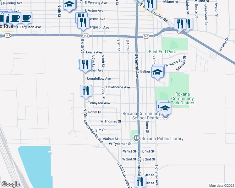 map of restaurants, bars, coffee shops, grocery stores, and more near 844 Hawthorne Avenue in Wood River