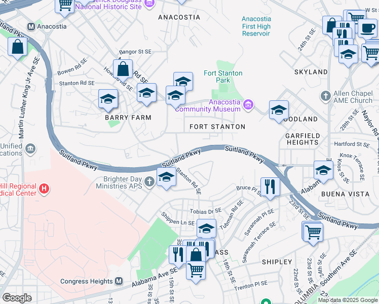 map of restaurants, bars, coffee shops, grocery stores, and more near Suitland Parkway in Washington