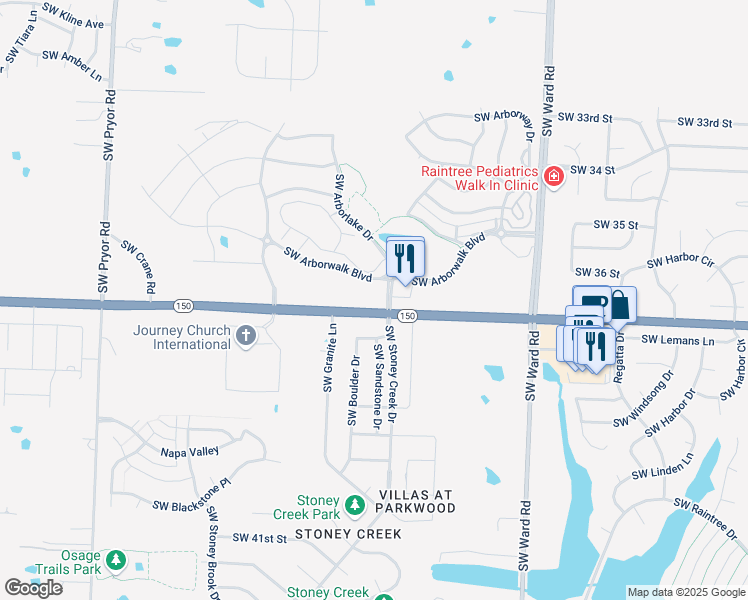 map of restaurants, bars, coffee shops, grocery stores, and more near 1305 Southwest Arborlake Drive in Lee's Summit