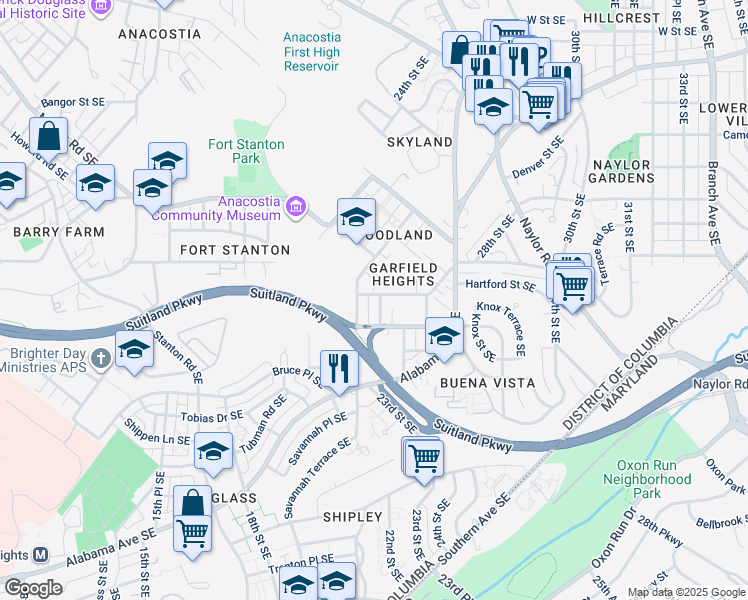 map of restaurants, bars, coffee shops, grocery stores, and more near 2217 Hartford Street Southeast in Washington