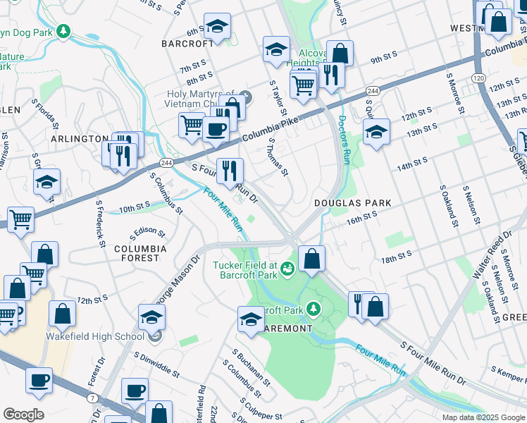 map of restaurants, bars, coffee shops, grocery stores, and more near 4500 South Four Mile Run Drive in Arlington