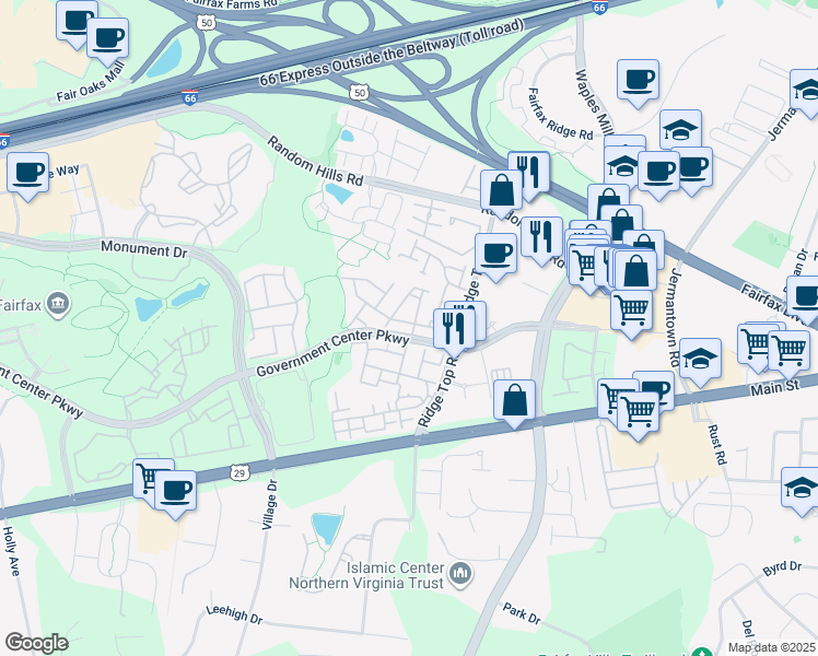 map of restaurants, bars, coffee shops, grocery stores, and more near 11447 Log Ridge Drive in Fairfax