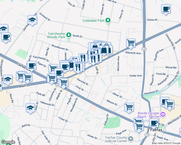 map of restaurants, bars, coffee shops, grocery stores, and more near 10807 Cedar Avenue in Fairfax