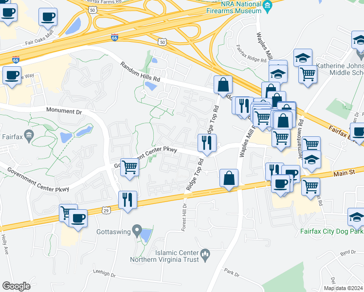 map of restaurants, bars, coffee shops, grocery stores, and more near 11447 Log Ridge Drive in Fairfax