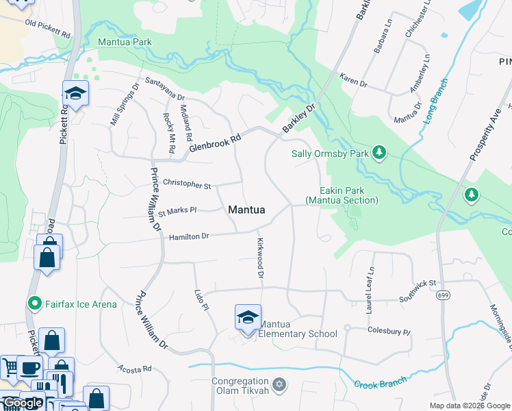 map of restaurants, bars, coffee shops, grocery stores, and more near 9102 Santayana Drive in Fairfax