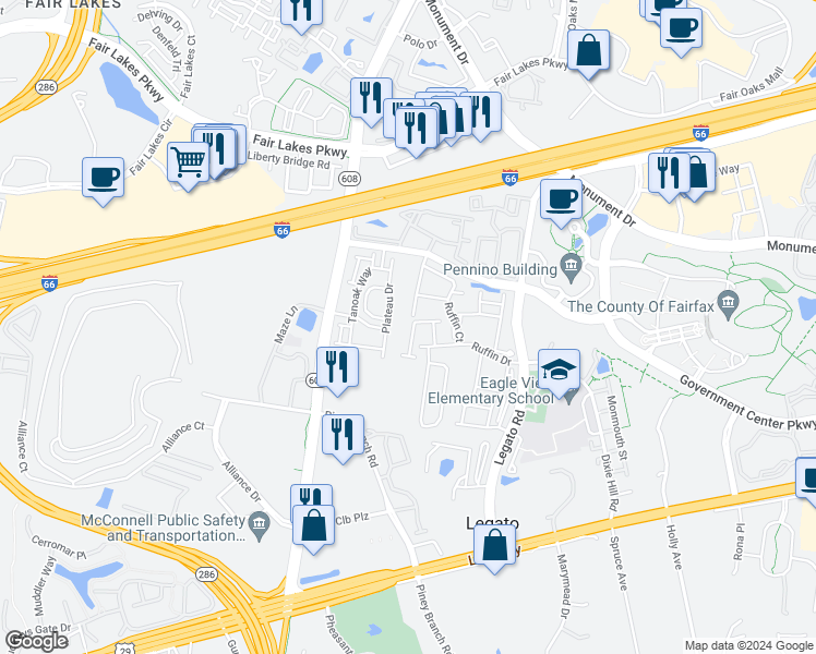 map of restaurants, bars, coffee shops, grocery stores, and more near 4524 English Holly Drive in Fairfax