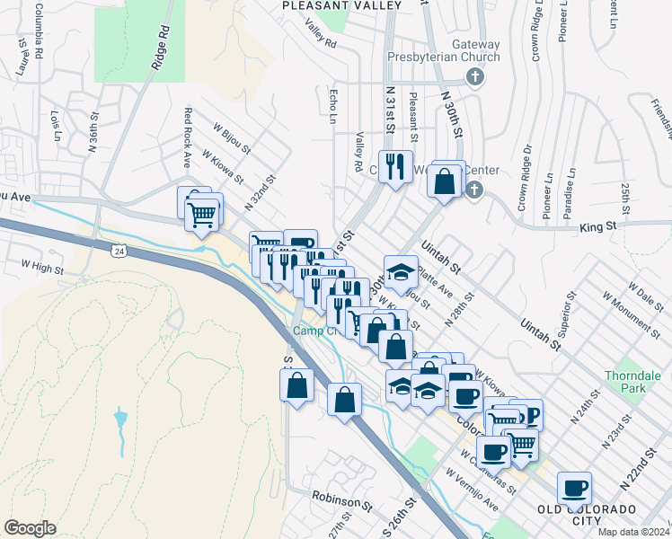 map of restaurants, bars, coffee shops, grocery stores, and more near 107 North 31st Street in Colorado Springs