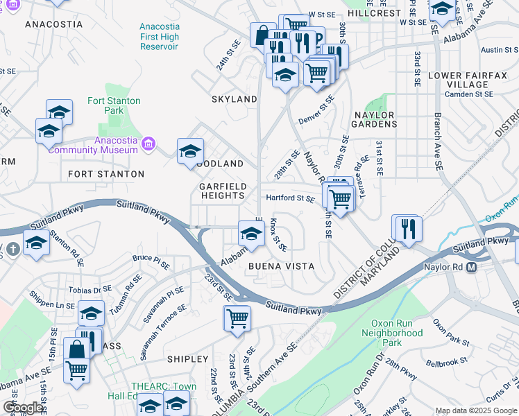 map of restaurants, bars, coffee shops, grocery stores, and more near 2455 Alabama Avenue Southeast in Washington