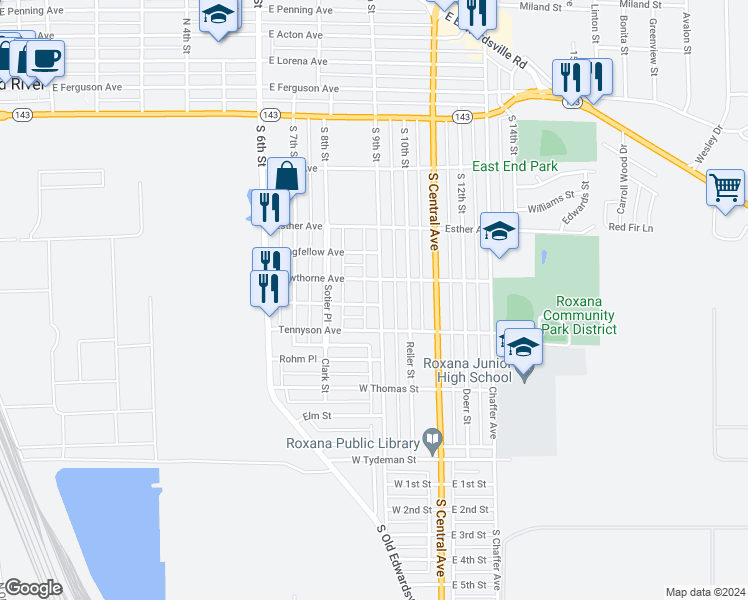 map of restaurants, bars, coffee shops, grocery stores, and more near 532 South 9th Street in Wood River