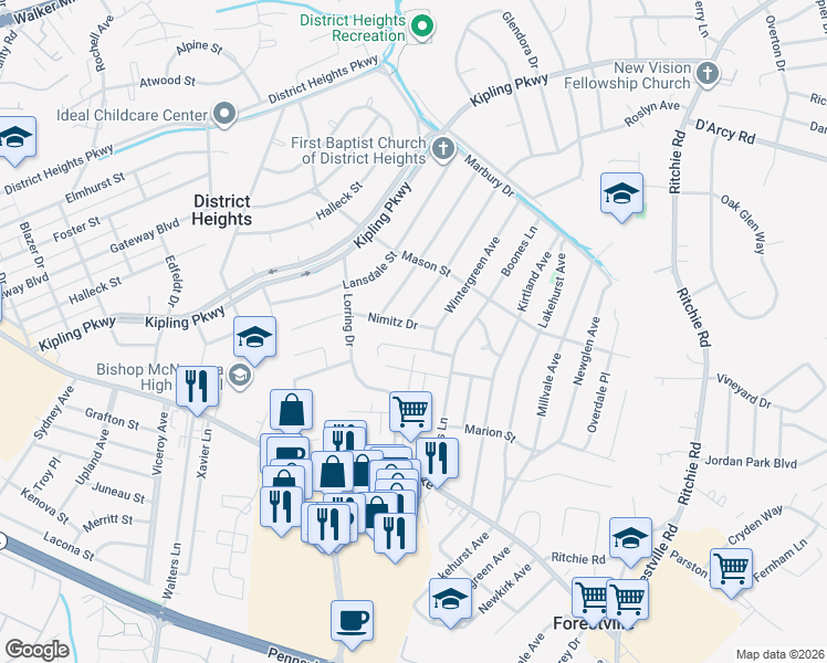 map of restaurants, bars, coffee shops, grocery stores, and more near 7211 Nimitz Drive in District Heights