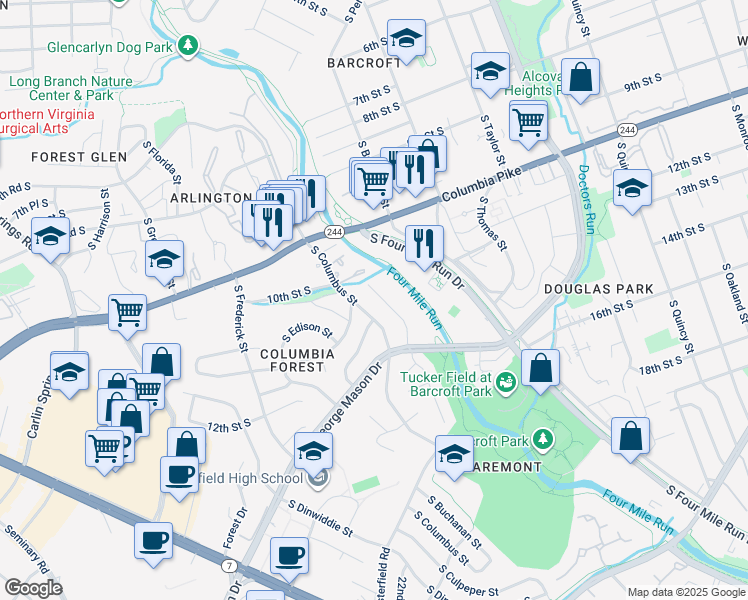 map of restaurants, bars, coffee shops, grocery stores, and more near 1106 South Buchanan Street in Arlington