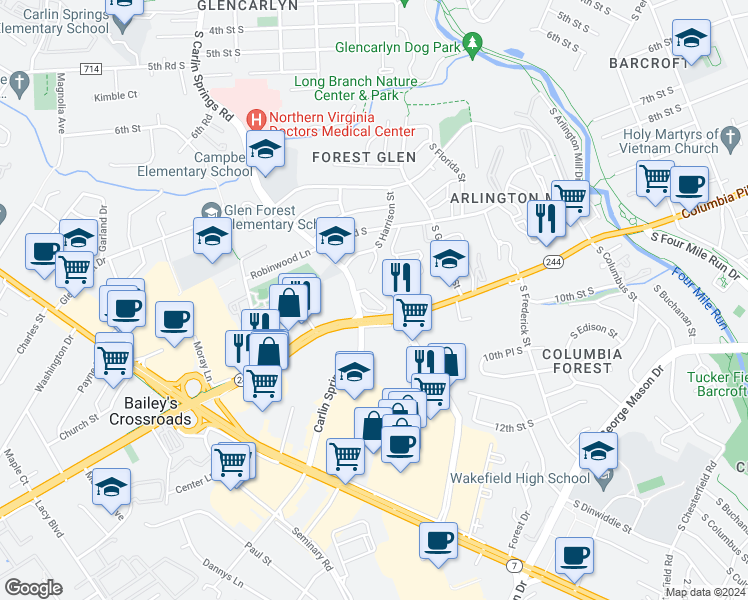 map of restaurants, bars, coffee shops, grocery stores, and more near 834 South Greenbrier Street in Arlington