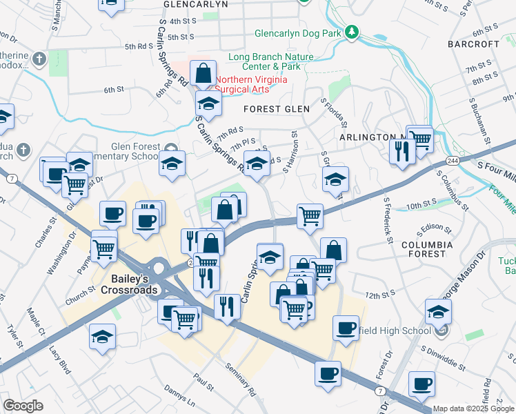 map of restaurants, bars, coffee shops, grocery stores, and more near 5600 Columbia Pike in Falls Church