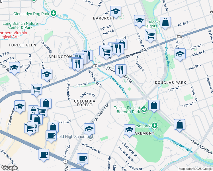 map of restaurants, bars, coffee shops, grocery stores, and more near 1106 South Buchanan Street in Arlington