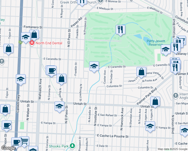 map of restaurants, bars, coffee shops, grocery stores, and more near 900 East Buena Ventura Street in Colorado Springs