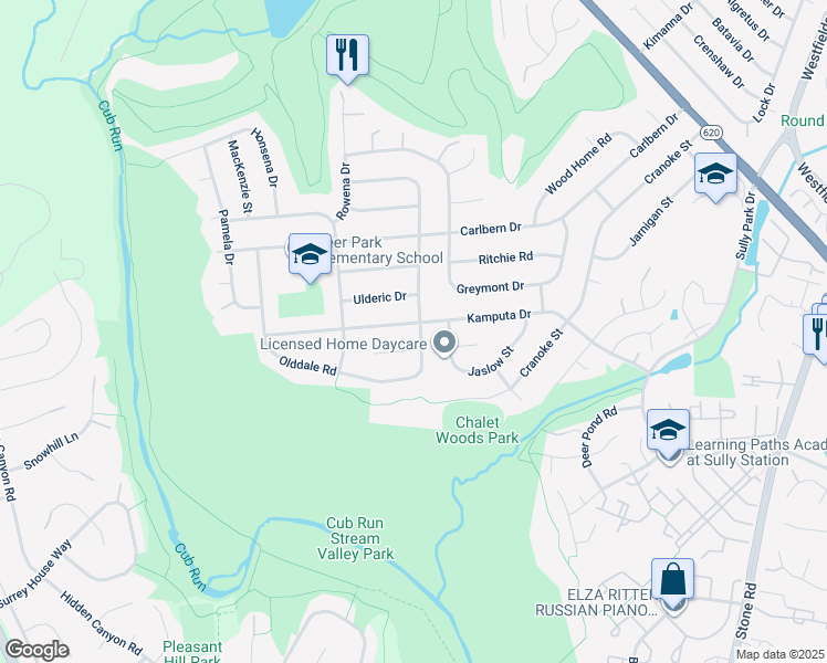 map of restaurants, bars, coffee shops, grocery stores, and more near 15001 Kamputa Drive in Centreville
