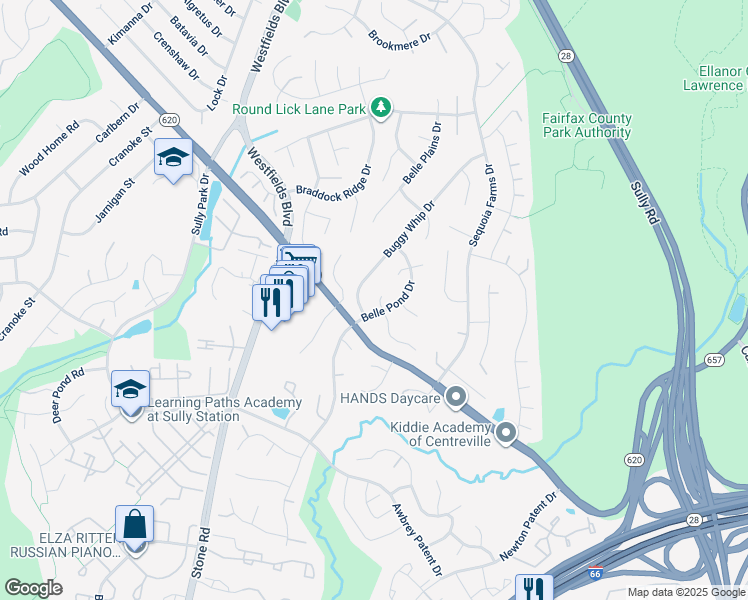 map of restaurants, bars, coffee shops, grocery stores, and more near 14423 Coachway Drive in Centreville